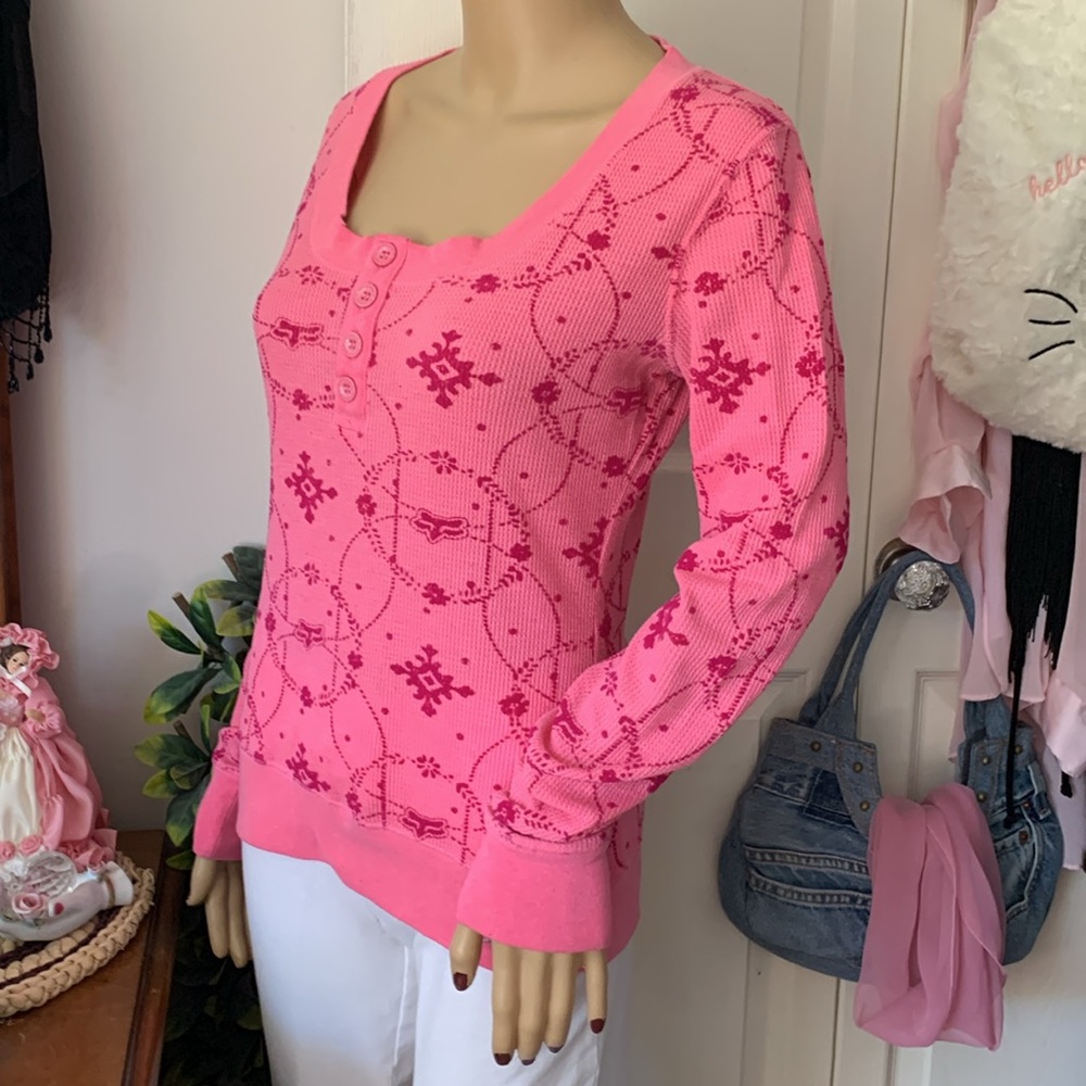 FOX Y2k FOX Pink Patterned Long Sleeve waffle knit Top M